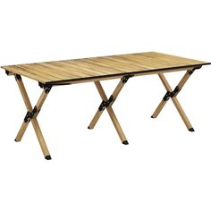 a wooden table with two crossed legs