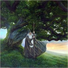 a painting of an old man holding a staff under a tree