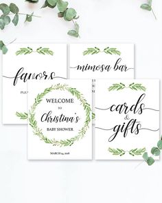 three cards with green leaves and the words welcome to christmas written in cursive font