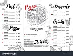 a pizza restaurant menu with hand drawn lettering on the front and back pages, including