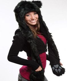 This whimsical 3-in-1 faux fur animal hood is designed to fit anyone, adding a playful touch to your outfit. It's incredibly soft and fluffy, providing both warmth and style with its full-coverage lined hat, scarf, and mittens. Plus, it has a small zipper pocket for your cell phone, keys, or cash. With its unique and fashionable appearance, this hood promises endless fun. It's cute, cuddly, and irresistibly touchable, making it a delightful accessory that brings joy and a touch of whimsy whereve Hoods (hat), Hooded Scarf Pattern, Wolf Hoodie, Black Cat Anime, Hoodie Hat, Hood Hat, Cat Anime, Animal Hoodie, Animal Hats