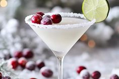 a white cocktail with cranberries and lime garnished with sugar on the rim