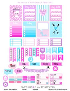 the pink and blue planner stickers are arranged on top of each other with hearts, arrows