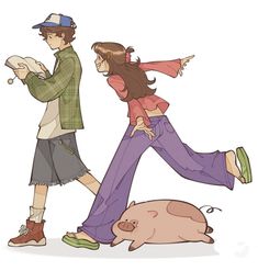 a man and woman walking next to a pig on the ground with their arms around each other