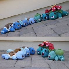 crocheted stuffed animals lined up on the ground