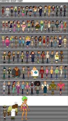 cartoon characters are standing on the street in different positions and sizes, all with different hair colors