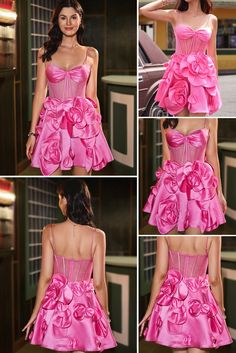 four different pictures of a woman wearing a pink dress with flowers on the bottom and side