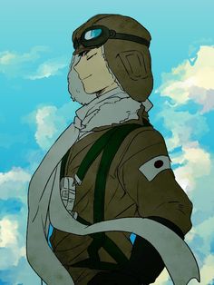 an anime character wearing a pilot's uniform and goggles, with clouds in the background