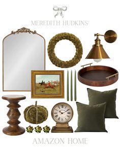 an assortment of home decor items including a mirror, lamp, clock and other items