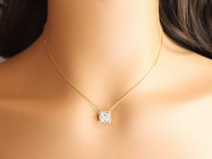 This dainty square necklace is a great finishing piece to any outfit whether it is casual or dressy. This gold plated square necklace also makes wonderful gift for your loved ones. This CZ Diamond necklace is a statement piece! It was carefully plated with 18K gold and it will last longer than any other gold plated jewelry. ❤ All products are made with high-quality material to give them the best durability and stylish appeal. ❤ MATERIAL:  18K Gold Plated over brass Cubic Zirconia - best quality Wedding Solitaire Necklace With Square Pendant, Elegant Square Pendant Solitaire Necklace As Gift, Elegant Square Necklaces For Anniversary, Dainty Square Pendant Necklace For Formal Occasions, Gold Square Pendant Necklace For Party, Elegant Square Necklaces With Adjustable Chain, Gold Solitaire Necklace With Square Pendant For Formal Occasions, Elegant Gold Jewelry With Square Cut, Elegant Square Cut Gold Jewelry