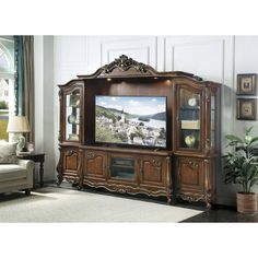 a large entertainment center in a living room