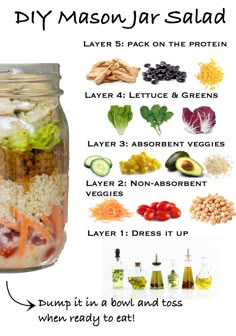 a mason jar filled with different types of salads and ingredients to make it into a salad