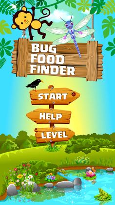 a sign that says bug food finder next to a river with animals on it