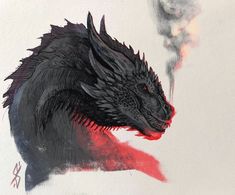 a drawing of a black dragon with red eyes