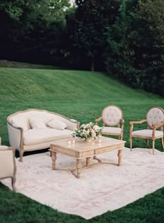 a living room filled with furniture on top of a lush green field