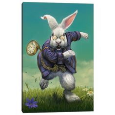 a painting of a rabbit dressed in clothes and holding a pocket watch with both hands