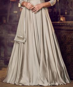 Dusty Gray Designer Embroidered Satin Anarkali Gown-Saira's Boutique Satin Anarkali, Circle Skirt Outfits, Embroidery Mirror Work, Dusty Gray, Embroidery Mirror, Resham Embroidery, Anarkali Gown, Reception Party, Gray Fabric