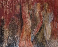 an abstract painting of three women standing in front of a red wall