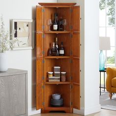 Elegant and spacious, the 8 Doors Cabinet Large Storage Cabinet is a sophisticated addition to any home. This Cabinet is perfect for an Entryway or Living Room, offering ample storage space in a stylish cherry finish. Corner Kitchen Pantry Cabinet, Corner Cabinet Living Room, Corner Wine Cabinet, Corner Pantry Cabinet, Wood Corner Cabinet, Corner Kitchen Pantry, Farmhouse Bookshelf, Metal Garage Storage Cabinets, Home Bookshelves