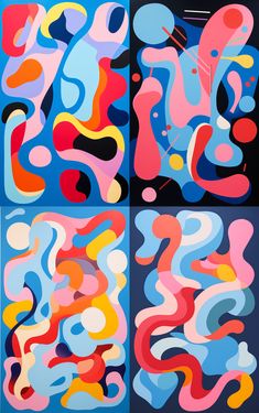 four abstract paintings with different colors and shapes on black, blue, pink, yellow, orange