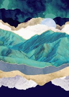 an abstract painting of mountains and clouds in blue, green, yellow and white colors