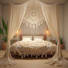 a white bed sitting under a canopy in a bedroom next to a potted plant