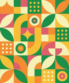 an abstract pattern with leaves and circles in green, pink, yellow and orange colors