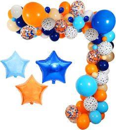 balloons and stars are arranged in the shape of the letter e