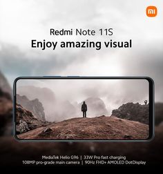 a man standing on top of a hill with the text redmi note 1s enjoy amazing