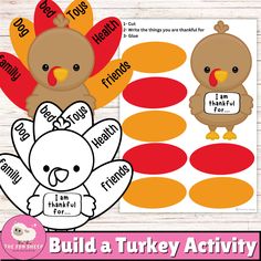 a turkey cutout with the words build a turkey activity on it and an image of two