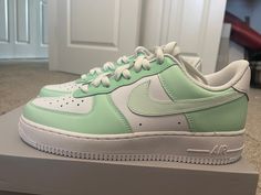 Item Details -Shoes are Nike Air Force 1's that are hand pained with the highest quality paints and sealed with an acrylic sealant. - Color block beige/ tan nike Air force 1 -hand painted three toned, beige color Youth sizes available please just message me and we can make it work! In the personalization box please specify if you would like the Women's or Men's Fit! Casual Green High-top Nike Air Force 1, Custom Air Force 1 Green, Sage Green Wormens Shoes Nike Air Force, Green Nikes, Mint Green Air Force 1, Green High-top Nike Air Force 1 With Branded Insole, Mint Sneakers, Custom Nike Air Force 1, Rave Shoes