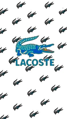 the lacoste logo is surrounded by alligators on a white background with blue lettering