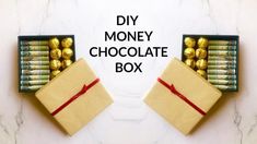 two boxes with chocolates in them and the words diy money chocolate box