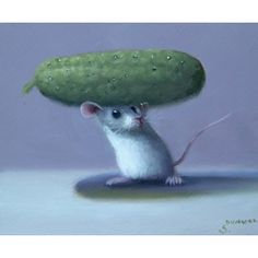 a painting of a mouse with a large piece of food on its head that looks like a pickle