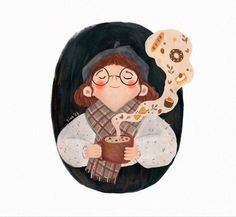 a drawing of a woman holding a cup and a donut in her hand while wearing glasses