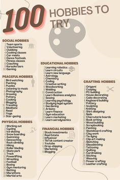 hobbies and Habits get us I to routines and in good moods. Here are 100 new hobbies that can turn Iinto good habits.   Pick up our Notion Productivity Template with a habit tracker   #habits #hobby Bored Try This, Hobbies You Need, Random Hobbies To Try, Things To Do When We Are Bored, Hobbys To Do, Things To Achieve In Life, How To Improve My Life, Hobbies Ideas List, Things To Study When Bored