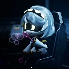 an animated character sitting in a chair holding a pair of scissors and blow dryers