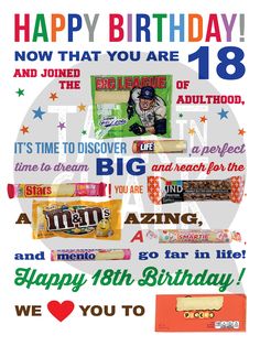 Birthday Candy Grams, Candy Poster Board, Happy 18th Birthday Quotes, Birthday Candy Poster, 18th Birthday Ideas, 18th Birthday Present Ideas, Candy Birthday Cards, Candy Bar Poster, Gifts For 18th Birthday