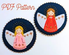 two embroidered angel brooches with stars on them and the words pdf pattern