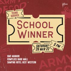 an advertisement for the school winner contest with red background and white lettering on it,