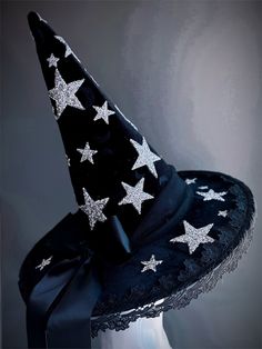 Lace Witch Hat, Moon Witch Hat, Witchy Party Hat With Short Brim, Witchy Short Brim Party Hat, Star Witch, Hat Halloween Costume, Witch Hat Halloween, Celestial Stars, Black Witch Hat