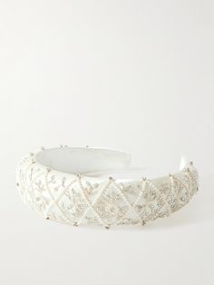 EXCLUSIVE AT NET-A-PORTER. Clio Peppiatt's headband is a sweet addition to your bridal trousseau. Echoing vintage pieces, it's made from ivory satin and hand-embellished with iridescent floral beads, accented by crystals and faux pearls. The wide, puffy shape will beautifully frame your face. Clio Peppiatt, Bridal Trousseau, Thick Headbands, Designer Headbands, Satin Headband, Ruffle Wedding Dress, Headpiece Jewelry, Vintage Headbands, Padded Headband