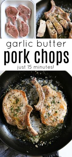 garlic butter pork chops are cooking in a skillet