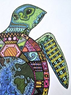 a drawing of a turtle made out of different colors and patterns on it's shell