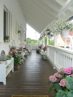 the porch is lined with potted plants and flowers