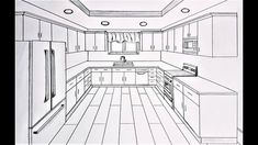 a drawing of a kitchen with white cabinets and wood flooring is shown in black and white