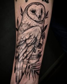 an owl sitting on top of a human skull with leaves around it's neck