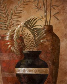 a painting of two vases with plants in them on a brown and tan background