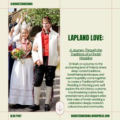 an advertisement for lapland love featuring two people dressed in traditional clothing and holding flowers