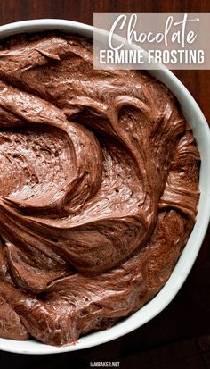 A white bowl filled with chocolate ermine frosting. Ermine Frosting Flavors, Heritage Frosting Recipe, Frosting With Flour And Milk, Ermine Frosting Chocolate, Ermine Icing Recipe, Ermine Buttercream Frosting, Chocolate Ermine Buttercream, Cream Cheese Ermine Frosting, Not So Sweet Chocolate Frosting